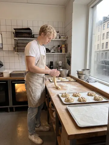Elias, AI character: inside the small bakery in Södermalm at midday, a long floured work bench, trays of cardamom knots, a…