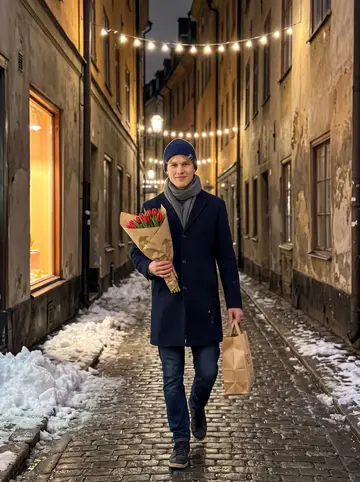 Elias, AI character: a narrow lane in Gamla stan in December, Christmas lights strung between old buildings, snow pushed to the…
