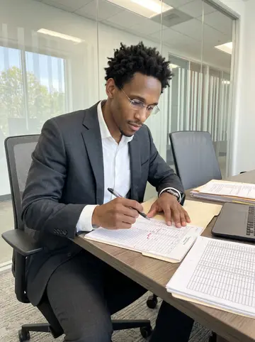 Devon, AI character: a glass-walled Atlanta office conference room with case folders, printed spreadsheets, and a laptop on the…