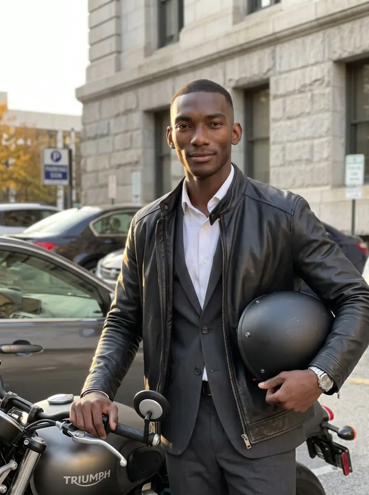 Rotimi, AI character: outside the Fulton County courthouse parking area in downtown Atlanta, beside his ten-year-old Triumph…