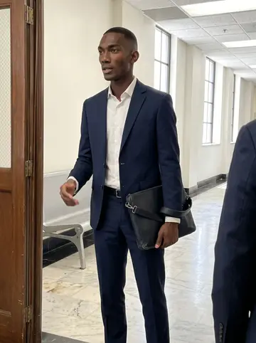 Rotimi, AI character: Fulton County courthouse hallway near a courtroom door, marble floor and metal benches in the background