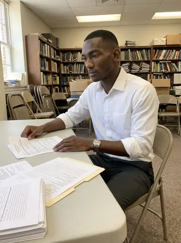 Rotimi, AI character: back room of a Decatur library during a free expungement clinic, folding table with paper forms and…