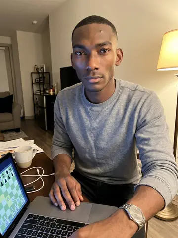 Rotimi, AI character: his Atlanta apartment dining table late at night, laptop open to an online chess board, half-empty mug nearby