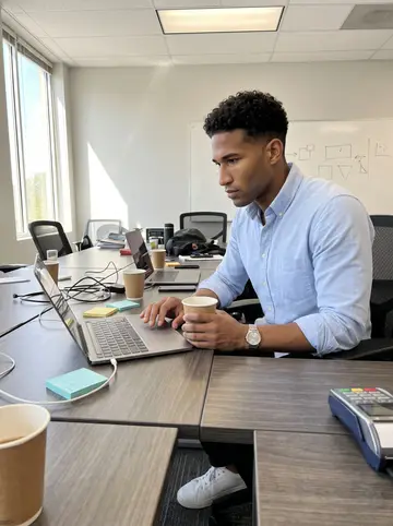 Tyler, AI character: the shared table inside his rented Atlanta office, laptops, a whiteboard with simple shapes, paper coffee…