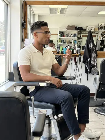 Tyler, AI character: his father's old barbershop in West End on a Saturday, waiting by the chair and talking with the owner…