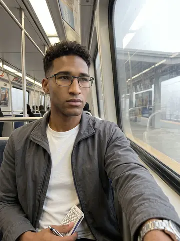 Tyler, AI character: inside an Atlanta train car on a foggy morning commute, window behind him blurred with passing platforms