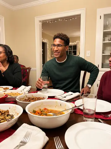 Tyler, AI character: his mother's dining room in Decatur during Sunday dinner, warm dishes on the table and holiday string…