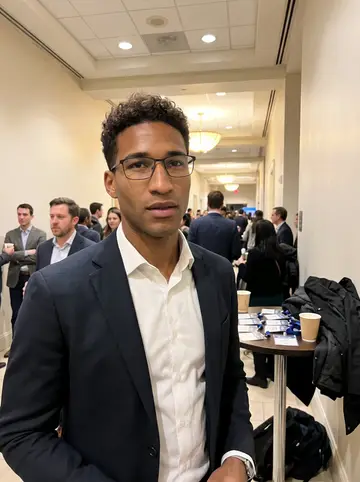 Tyler, AI character: a crowded Atlanta pitch-night hallway after his demo, standing beside a small high table with badges and…