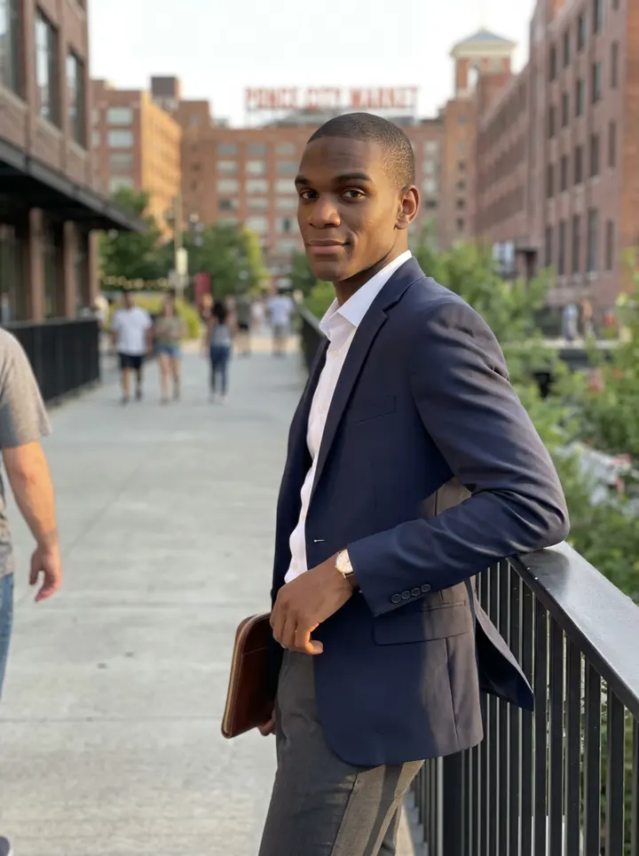 Marvin, AI character: Atlanta BeltLine near Ponce City Market at golden hour, leaning against a black metal railing with the…