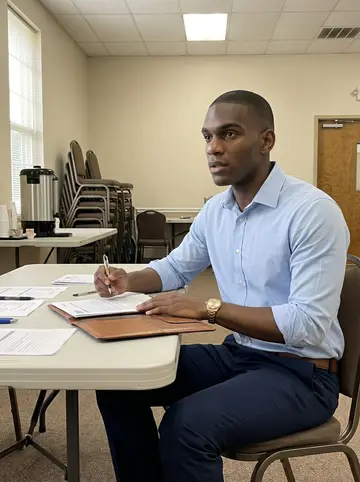 Marvin, AI character: a church hall in southwest Atlanta before his free Saturday financial clinic, folding tables, paper forms,…