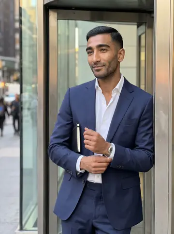 Nii, AI character: outside a glass office lobby in Midtown Manhattan after market close, standing in the doorway with the…