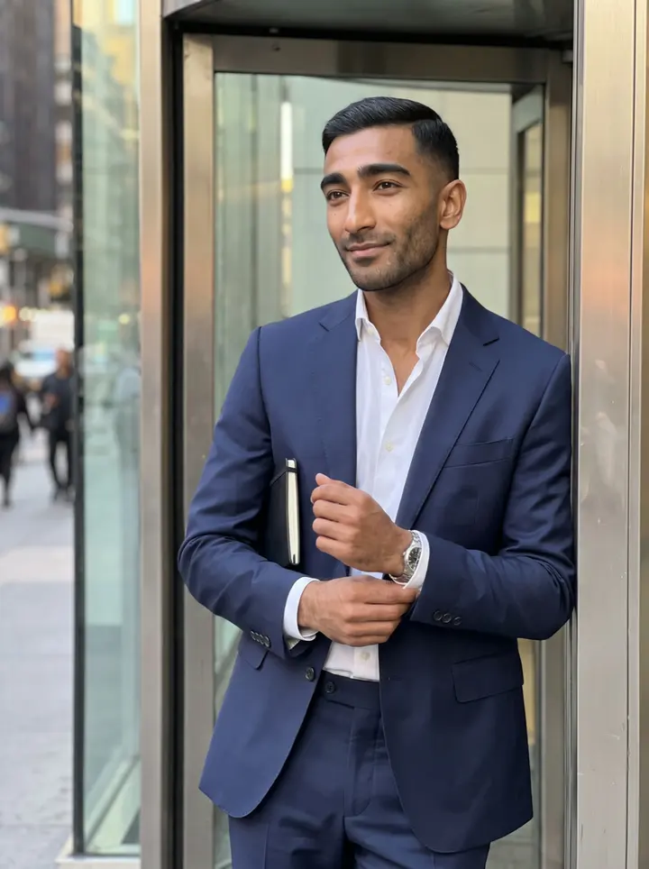 Nii, AI character: outside a glass office lobby in Midtown Manhattan after market close, standing in the doorway with the…