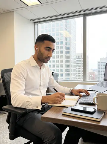 Nii, AI character: his portfolio management office before the market opens, seated at a clean desk with a city window behind him