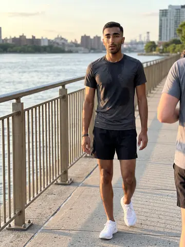 Nii, AI character: East River running path after a Sunday long run, water and railings behind him