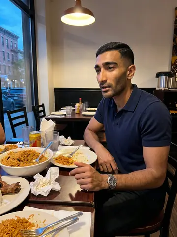 Nii, AI character: a Ghanaian restaurant in Brooklyn during a loud jollof argument with friends, plates and drinks on a…