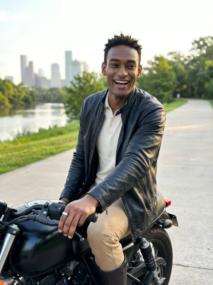 Papa, AI character: Buffalo Bayou bike path near downtown Houston at sunrise, stopped beside his black motorcycle with the…