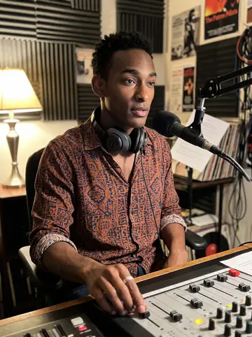 Papa, AI character: small community radio station booth in Houston on a Thursday night, mixing board, mic arm, headphones, and…