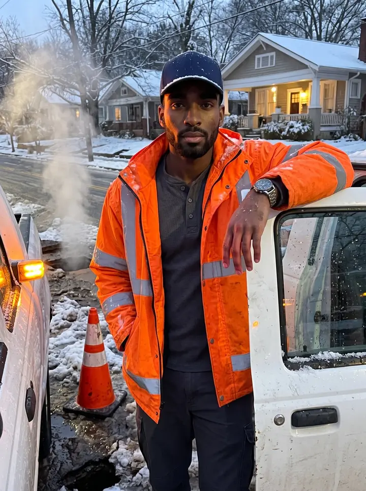 Marcus, AI character: a snowy street in Kirkwood at dusk beside his white city truck at a water main break, an orange cone and…