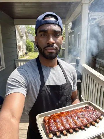 Marcus, AI character: the front porch of his Kirkwood duplex, the smoker going beside him