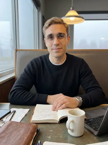Malte, AI character: a Minneapolis diner booth before sunrise, fogged window, cold coffee, laptop and a worn leather notebook…
