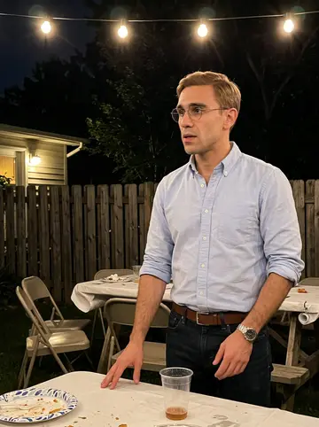 Malte, AI character: a backyard book-club cookout in South Minneapolis at night, string lights, folding chairs and paper plates…