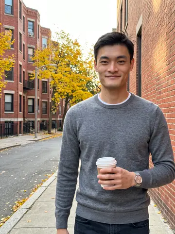 Hiroshi, AI character: a quiet Boston side street near Fenway after an early shift, brick apartment buildings and yellow leaves…