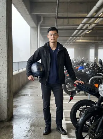 Hiroshi, AI character: the hospital motorcycle parking area near Fenway just before sunrise, damp pavement and a row of bikes…