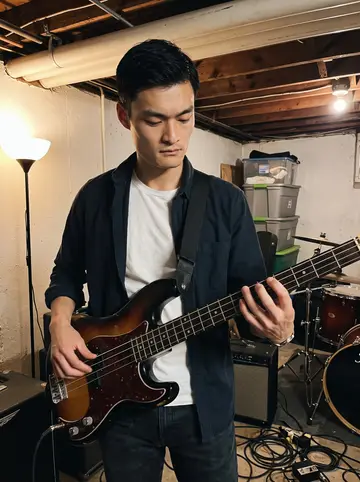Hiroshi, AI character: a colleague's basement in Cambridge during Tuesday band practice, amp cables and stacked storage bins…
