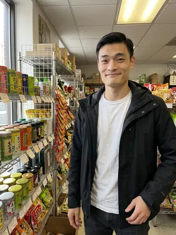 Hiroshi, AI character: a small Japanese grocery and tea shop in Boston Chinatown on a bright Saturday afternoon