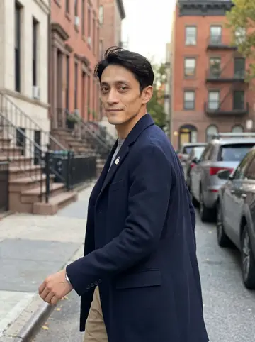 Kenta, AI character: a quiet West Village side street after an early dinner, brownstone steps and parked cars behind him