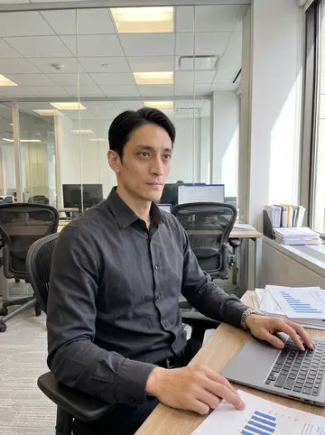 Kenta, AI character: his hedge fund office in Midtown on a clear spring morning, glass wall and desk setup behind him