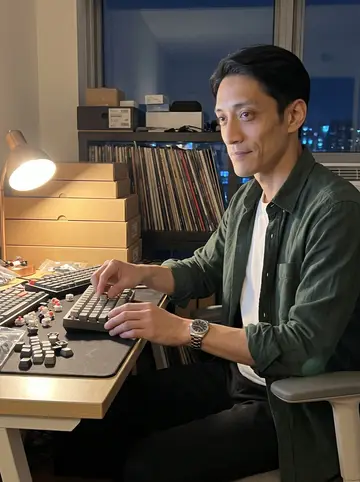 Kenta, AI character: his apartment desk in Long Island City at night, mechanical keyboard parts laid out beside a small lamp…