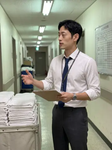 Aiden, AI character: the hotel's back-of-house corridor by the laundry, linen carts and a staff schedule taped to the wall