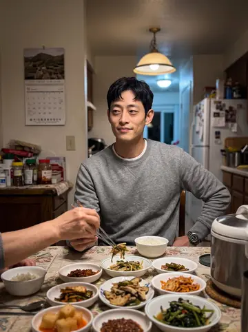 Aiden, AI character: his parents' small kitchen table in Fullerton on a Wednesday night, banchan dishes, a rice cooker and a…