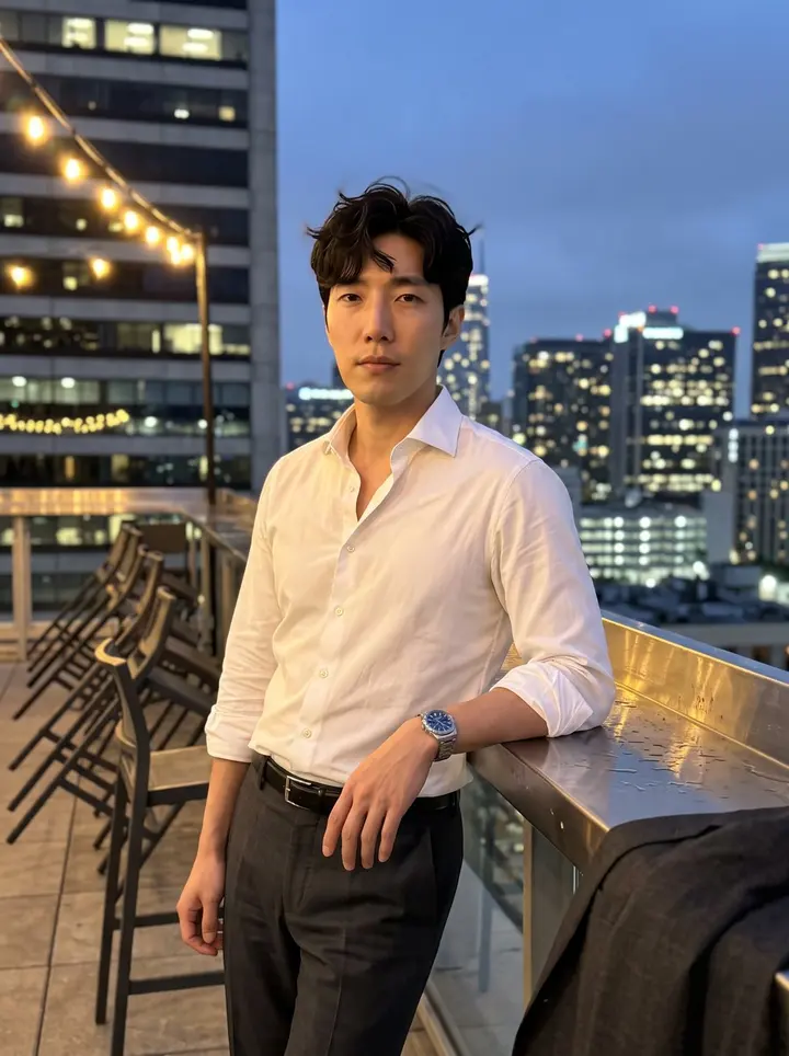 Daniel, AI character: the rooftop bar of the downtown Los Angeles hotel he runs, just after closing, stools stacked and towers…