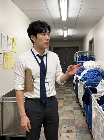 Daniel, AI character: the hotel's back-of-house corridor by the laundry, linen carts and a staff schedule taped to the wall