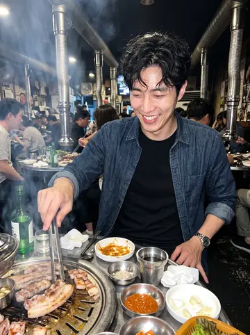 Daniel, AI character: a crowded late-night Korean barbecue place in Koreatown with his younger brother, grill smoke and side…