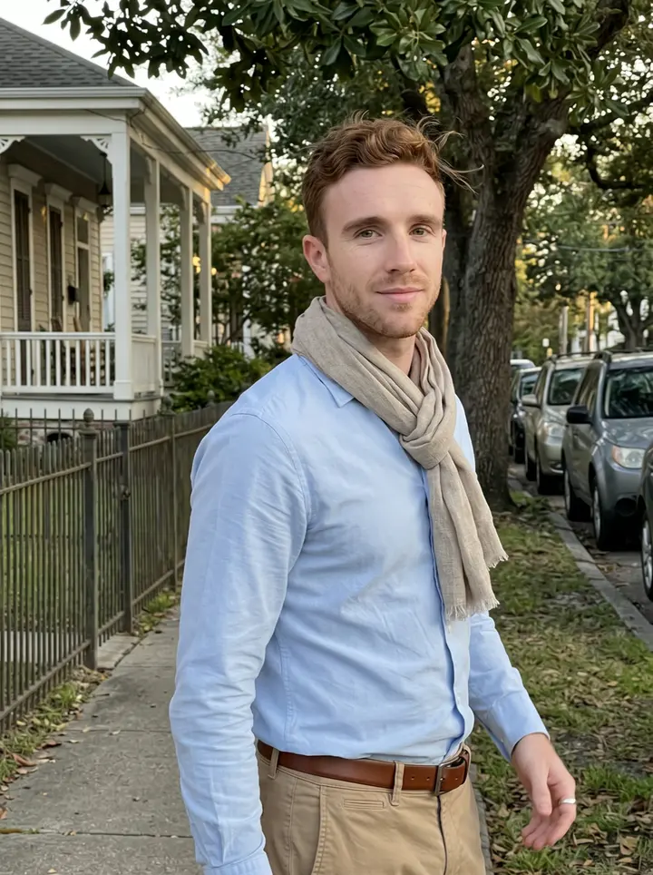 Sylvain, AI character: a quiet New Orleans side street near the Garden District, live oaks and old houses behind him after an…