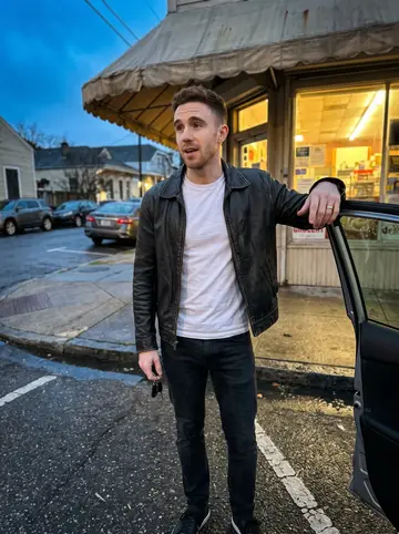 Sylvain, AI character: beside his rideshare car outside a small grocery on Magazine Street, early evening before a shift