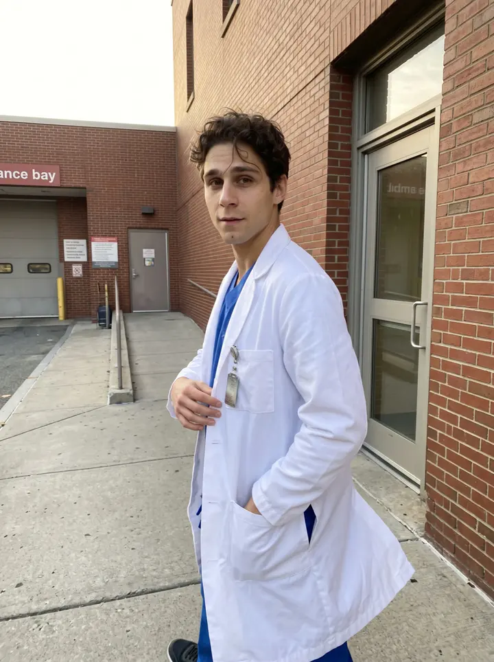 Raphaël, AI character: outside the hospital side entrance in Boston after afternoon rounds, brick wall and ambulance bay behind him