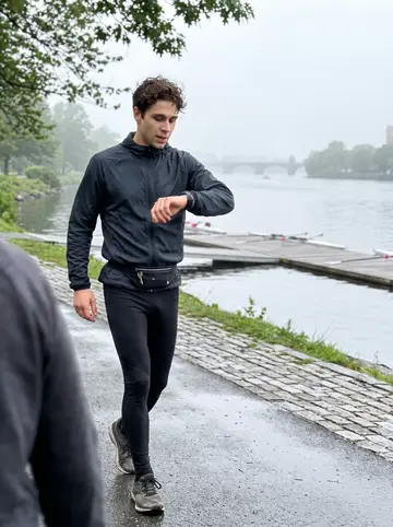 Raphaël, AI character: the Charles River Esplanade before a hospital shift, wet path and rowing docks in the background