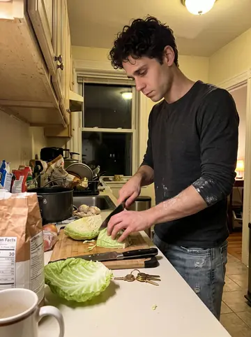 Raphaël, AI character: his small Boston apartment kitchen on a day off, a heavy pot on the stove and groceries on the counter