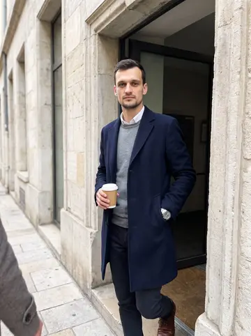 Sébastien, AI character: outside the entrance of his new firm near Presqu'île, standing in a stone doorway during a short coffee break