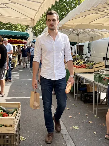 Sébastien, AI character: Sunday market stalls in Lyon, carrying one small paper bag with vegetables and a baguette tucked under his arm