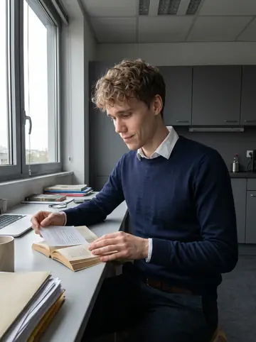 Jean-Baptiste, AI character: a quiet office break room near Part-Dieu, plain table, paper files stacked beside a mug