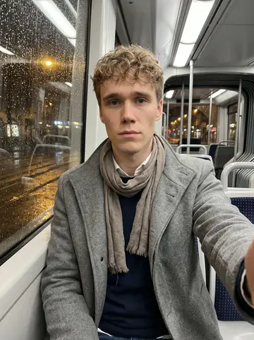 Jean-Baptiste, AI character: inside a Lyon tram on a rainy evening, wet window behind him showing blurred streetlights