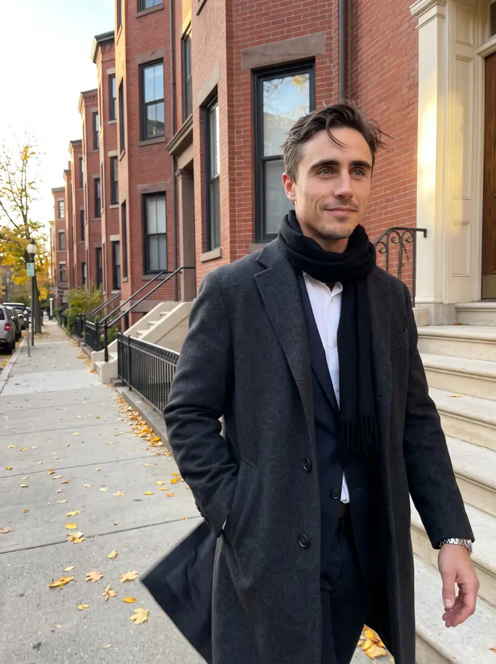 Matthew, AI character: a Back Bay side street in Boston after work, brick townhouses and yellow leaves behind him