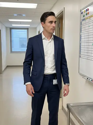 Matthew, AI character: a quiet hospital corridor in Boston near the surgical floor, early before rounds