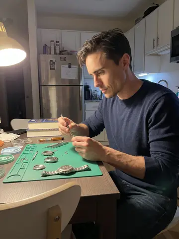 Matthew, AI character: his Boston apartment kitchen table covered with a small watch mat, tiny screwdrivers, tweezers, and an…