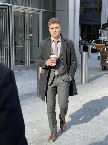 Kerr, AI character: outside a modern office building during a cold lunch break, glass doors and grey pavement behind him